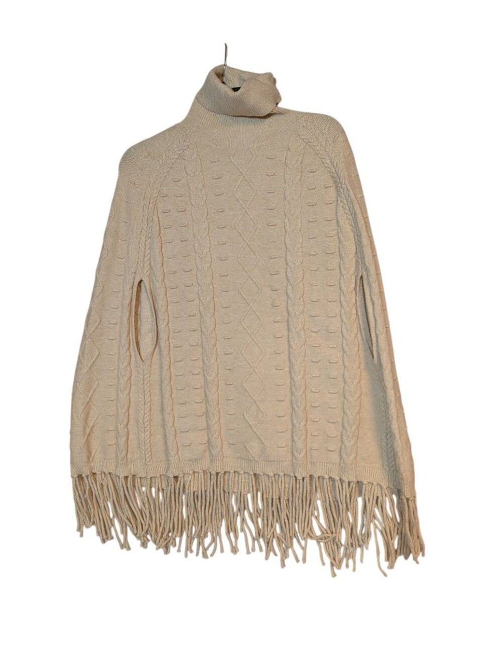 Avalin Beige Cable Knit Turtleneck Poncho With Fringe Hem Womens S/M